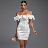 Schulterfreies, kurzärmliges Mini-Bodycon-Kleid mit Rüschen